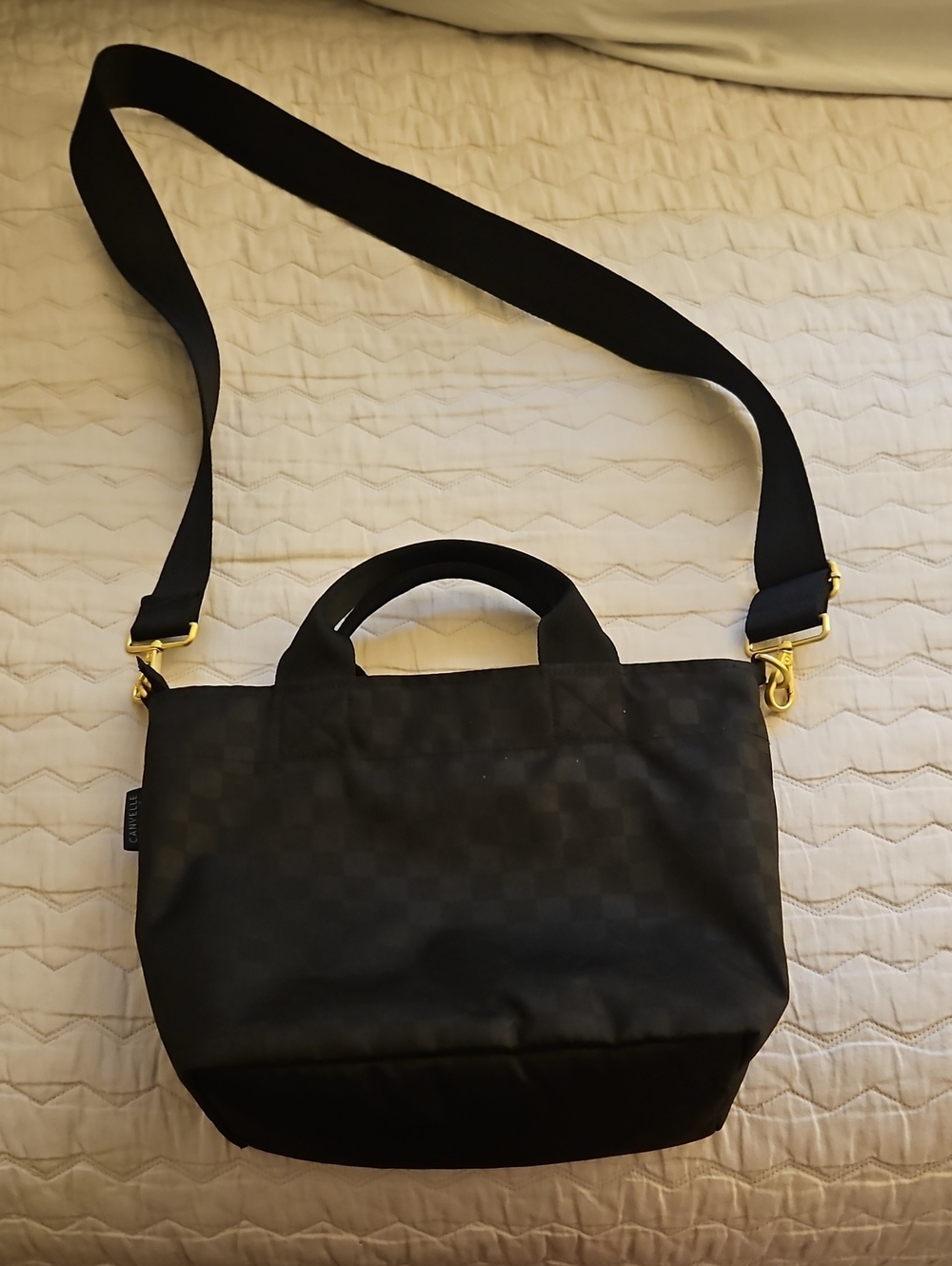 Canvelle Small Tote, Black Checkered Pattern, EUC